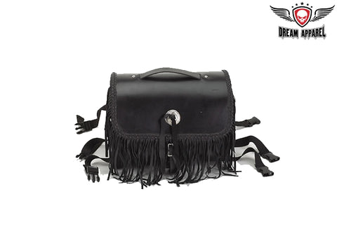 Leather Motorcycle Sissy Bar Bag With Braid, Fringe & Concho