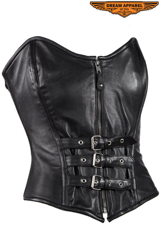 Women's Strapless Lamb Leather Corset With Zipper, Buckle & Lace