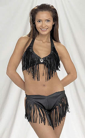 Womens Leather Halter Bra With Concho & Fringes