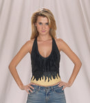 Women Black and Yellow Flames Leather Halter
