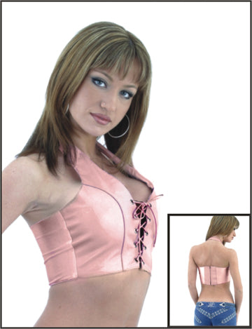 Womens Pink Leather Motorcycle Halter With Laces